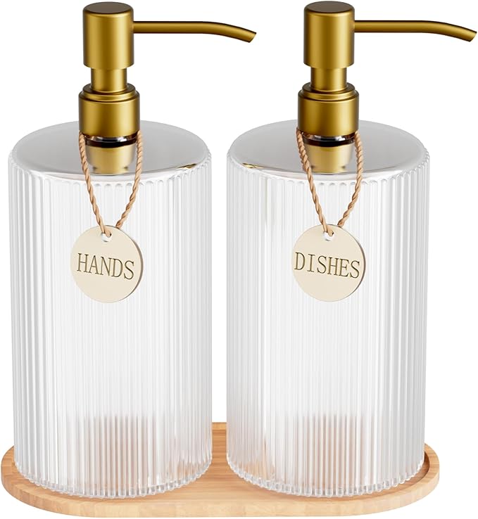 Kitchen Soap Dispenser Set,18Oz Glass Hand and Dish Soap Dispenser for Bathroom,with Wood Tray & Gold Stainless Steel Pump,Vertical Stripe Design
