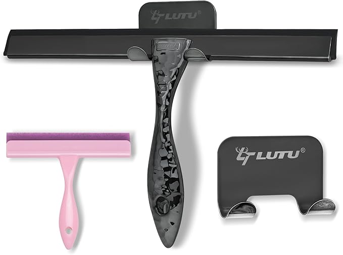 All-Purpose Silicone Shower Squeegee for Shower Glass Door,with 2 Hooks & Pink Mini Squeegee,for Bathroom Glass, Car, Tile Wall, Mirror Cleaning - Easy-Grip Handle 14 Inch Black