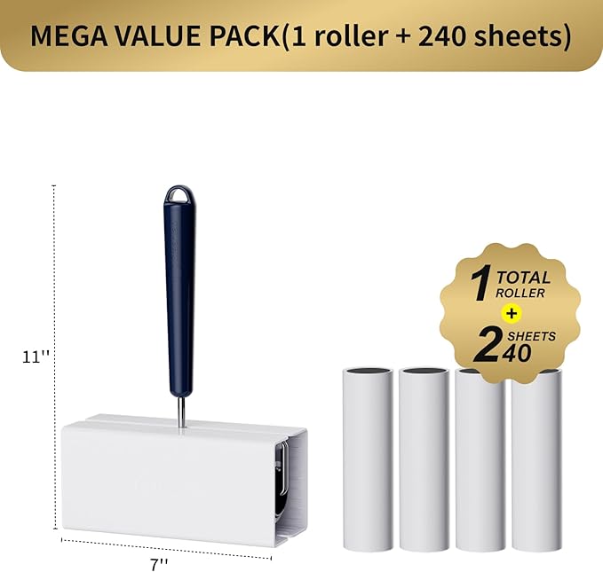 Lint Roller for Pet Hair Extra Sticky, 6.3'' Lint Remover with 240 Sheets, Large Surface Sticky Rollers for Clothes Furniture Dog Cat Hair (1 Roller + 240 Sheets)