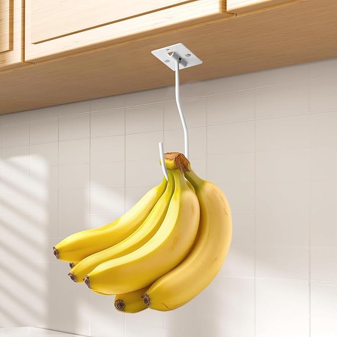 Self-Adhesive Banana Hooks, Foldable Magnetic Hanger Under Cabinet, Sturdy Metal Banana Holder for Kitchen, Space-Saving Design to Keep Bananas Fresh 3 Pieces White