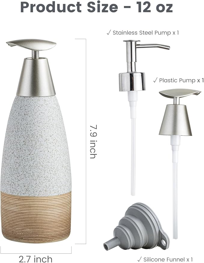 12 oz Dish Soap Dispenser with Plastic Pump & Stainless Steel Pump for Hand Soap, Shampoo, Lotion, Conditioner, Ceramic Refillable Soap Bottle with Silicone Funnel for Bathroom & Kitchen, White