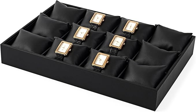 Oirlv Black Premium Leather 12 Grid Jewelry Insert Watch Tray With Removable Pillow Bracelet Bangle Storage Organizer Tray