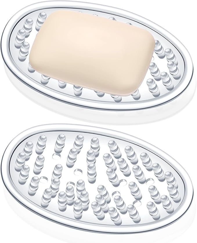 Plastic Soap Holder Soap Dish Bar Saver Tray with Holes Soap Sponge Holder for Kitchen Bathroom Shower Counter, 4.5 x 3 x 0.7 Inches (Clear,2 Pcs)