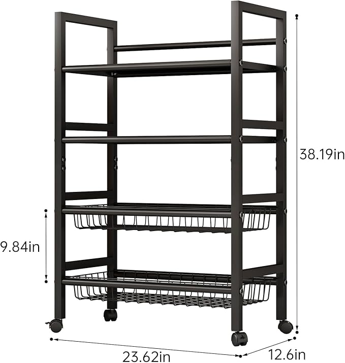 Four-Tier Metal Rolling Rack, Removable Metal Sheets, Grid Baskets with Wheels, Kitchen Storage Cart, Shelf for Pantry, Bathroom, Kitchen, Office, Garage, Black (Large)