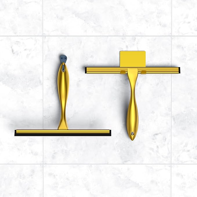 Shower Squeegee Set, 14-Inch Stainless Steel Squeegee, All-Purpose Squeegee for Bathroom, Shower Doors, Mirrors, Tiles, and Car Windows - 100% Streak Free, Includes Shower Door Hook and Adhesive Hook