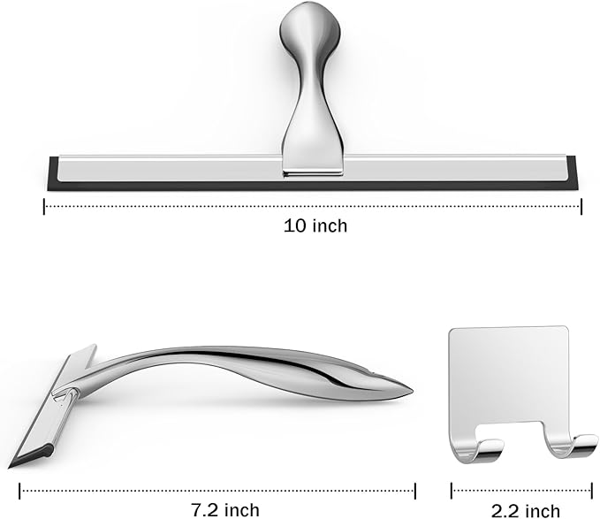 All-Purpose Stainless Steel Shower Squeegee for Shower Glass Door with Adhesive Hook, Bathroom Cleaner Tool Household Window Mirror Squeegee for Glass Doors, Cleaning Tile Wall, Car, 10 inch, Silver