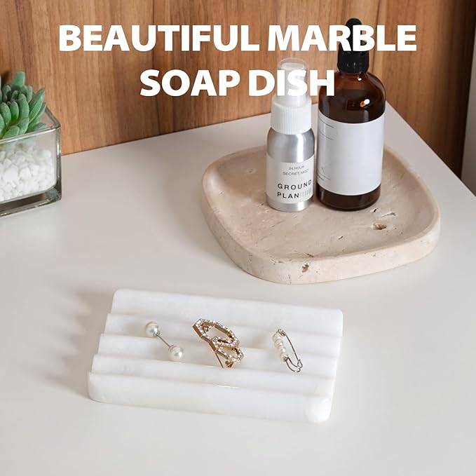 2PCS Koville African Natural Marble Soap Dish for Shower, Stone Soap Tray for Bathroom, Bar Soap Holder for Sink, Stripe Grooves Saver Keep Bars Dry Easy Clean (Namib Bianco)