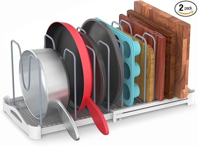 EVERIE Adjustable Bakeware Organizer Pot Lid Holder Rack for Pots, Cake Molds, Cutting Boards, Mats, Cookware, GS02SS, Pack of 2
