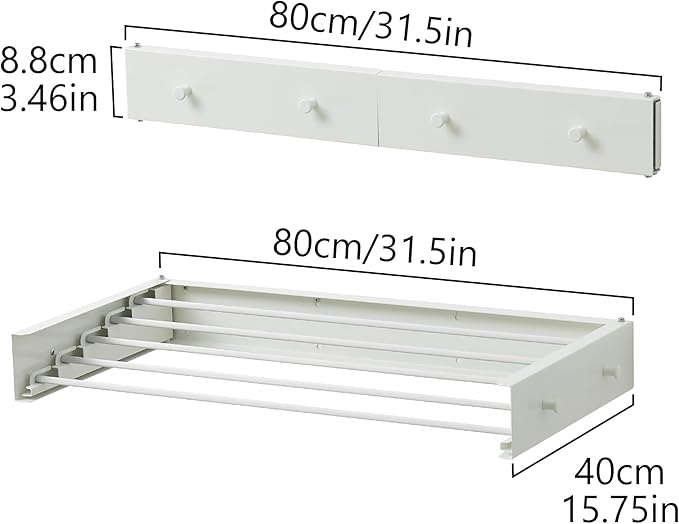 Clothes Drying Rack,Laundry Hanging Rack Collapsible,Wall Mounted Drying Rack for Laundry,Foldable Drying Rack Indoor Outdoor,31.5" Wide,5 Aluminum Rods with Hooks, 60 lb Capacity (White 31.5" Hooks)