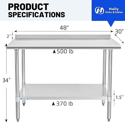 Hally Stainless Steel Table for Prep & Work 30 x 48 Inches, NSF Commercial Heavy Duty Table with Undershelf and Backsplash for Restaurant, Home and Hotel