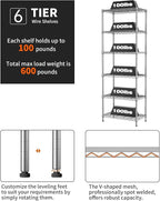 SINGAYE 6 Shelf Wire Shelving Unit Adjustable Metal Shelves Standing Bathroom Organizers and Storage Wire Closet Metal Pantry Kitchen 12" DX22 W 69.5" H Gray
