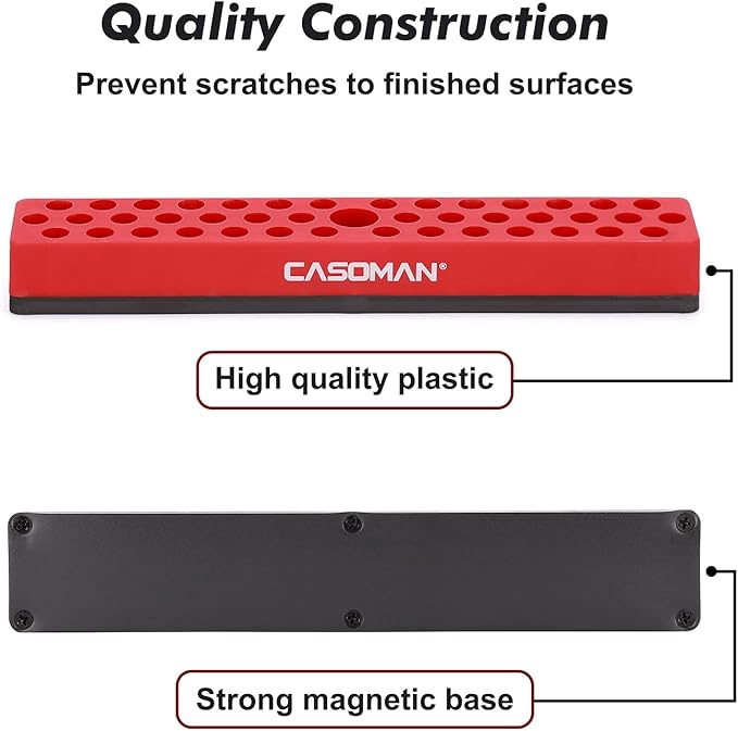CASOMAN 1/4" Hex Bit Organizer with Magnetic Base - Red, 43 Hole Bit Organizer with Strong Magnetic Base, Magnetic Bit Organizer for Your Specialty