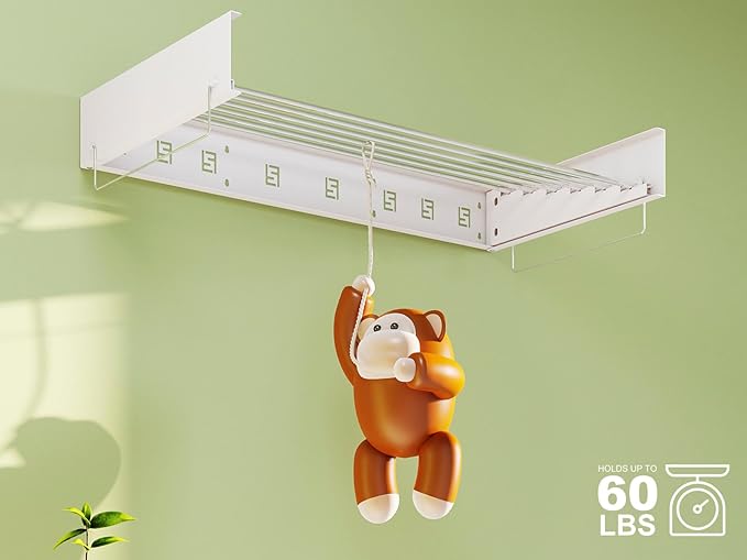 Wall Mounted Laundry Drying Rack - Pull-Out Drying Rack Clothing - 6 Stainless Steel Rods - Collapsible & Hidden for Laundry Room/Bathroom - Heavy Duty & Space Saving (40.0", White)