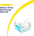 Dish Drying Rack & Cutlery Holder 2 Piece Set - Compact Sink-Fitting Dish Drainer with Rubberized Undercoating, Space-Saving Kitchen Organizer for Plates, Cups, Bowls & Utensils in Sink, Turquoise