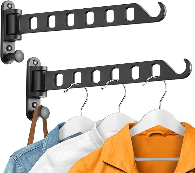 Laundry Drying Rack - Wall Mounted Clothes Hanger with Swing Arm, 6-Hole Laundry Hanger & Swivel Hanging Bar, Foldable Valet Hook, Laundry Room Closet, Sturdy Aluminum (2-Pack, Black)
