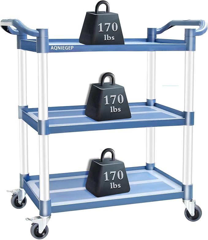 AQNIEGEP Utility Cart with Wheels, 510lbs Heavy-Duty Food Kitchen Cart & Rolling Service Cart for Restaurant Commercial Office, Lockable Wheels & Tool-Free Assembly, 3-Tier, Grey