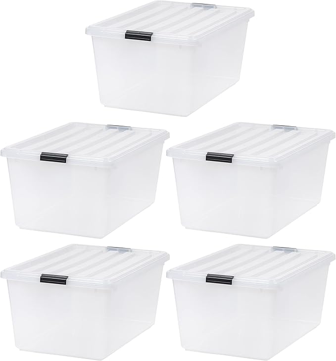 IRIS USA 68 Quart / 17 Gal. Stackable Plastic Storage Bins with Lids and Latch Buckles, 5 Pack - Pearl, Large Containers for Home and Office Ultra Organization, Durable Nestable Tote Box Tub
