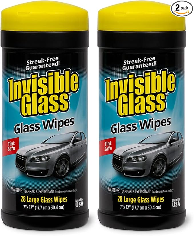 Invisible Glass 90166-2PK Large Glass Cleaning Wipes for Streak-Free Windows, Mirrors, and Glass, Lint-Free, Ammonia-Free, Tint-Safe, for Home and Auto, Canister, 28 Wipes, Pack of 2