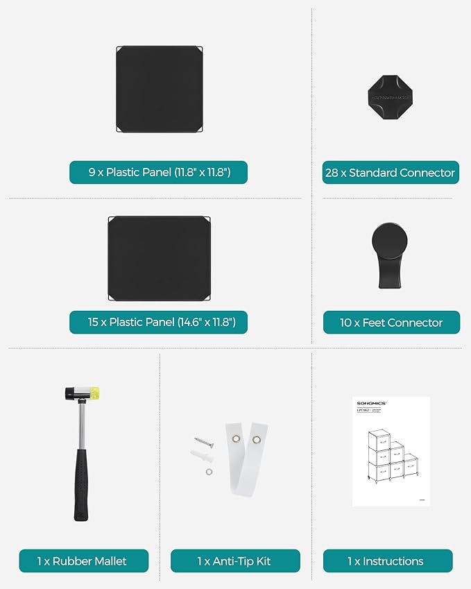 SONGMICS 6 Cube Storage Organizer, Modular Bookshelf, DIY Closet Organizers and Storage, Plastic Stackable Shelves, 14.6 x 13 x 13 Inch Cubes, with Feet and Rubber Mallet, Black ULPC206B01