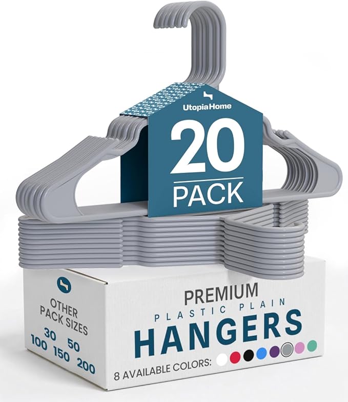 Utopia Home Plastic Hangers 20 Pack - Perfect Space Saving Clothes Hanger - Durable and Strong - Perfect Closet Organizers with Shoulder Grooves (Grey)