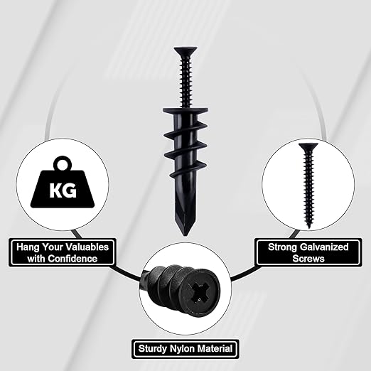 KURUI Black Self Drilling Drywall Anchors, 140PCs #8 Dry Wall Anchors and Flat Head Screws Kit, 70 Anchors + 70 Screws, 75LB Heavy Duty Hanging for Picture Frames Wall Decor Art, Sheetrock Hangers