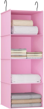 Hanging Closet Organizer, Easy Mount Foldable 4-Shelf Hanging Closet Wardrobe Storage Shelves, Clothes Handbag Shoes Accessories Storage, Washable Oxford Cloth Fabric, Pink