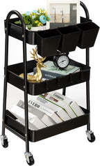 danpinera 3-Tier Rolling Cart, Metal Rolling Storage Cart with Lockable Wheels & Hanging Cups & Hooks, Mobile Trolley Cart for Kitchen, Bathroom, Office, Workshop, Black