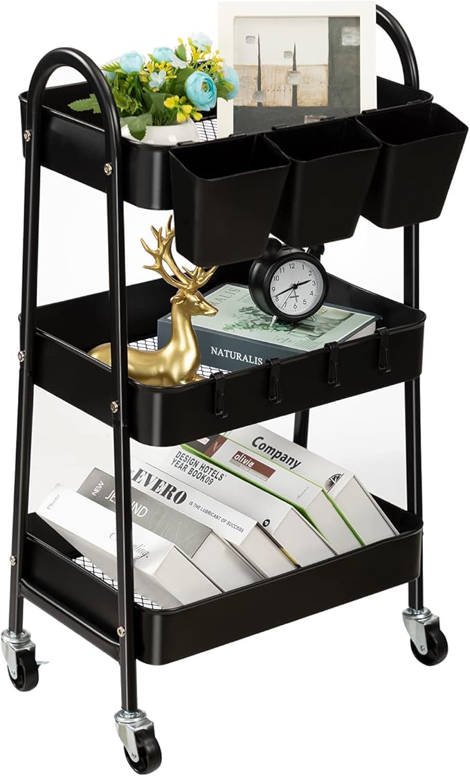 danpinera 3-Tier Rolling Cart, Metal Rolling Storage Cart with Lockable Wheels & Hanging Cups & Hooks, Mobile Trolley Cart for Kitchen, Bathroom, Office, Workshop, Black