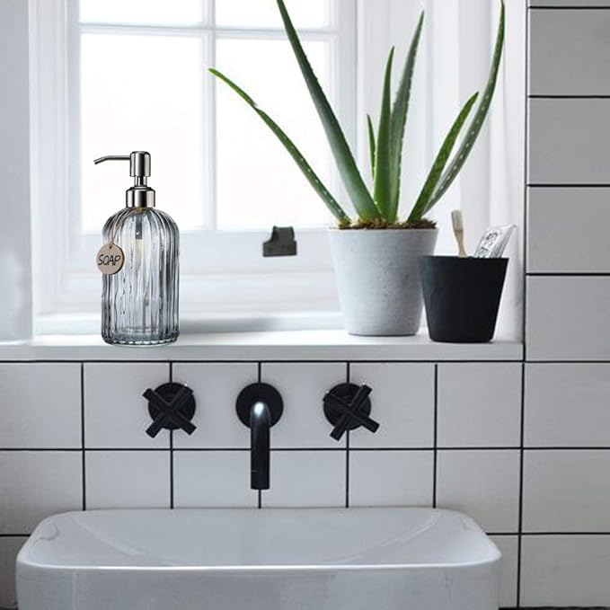 JASAI 18 Oz Vertical Stripes Kitchen Soap Dispenser with 304 Rust Proof Stainless Steel Pump, Refillable Liquid Soap Dispenser for Bathroom, Kitchen, Hand Soap, Dish Soap (Clear Grey)