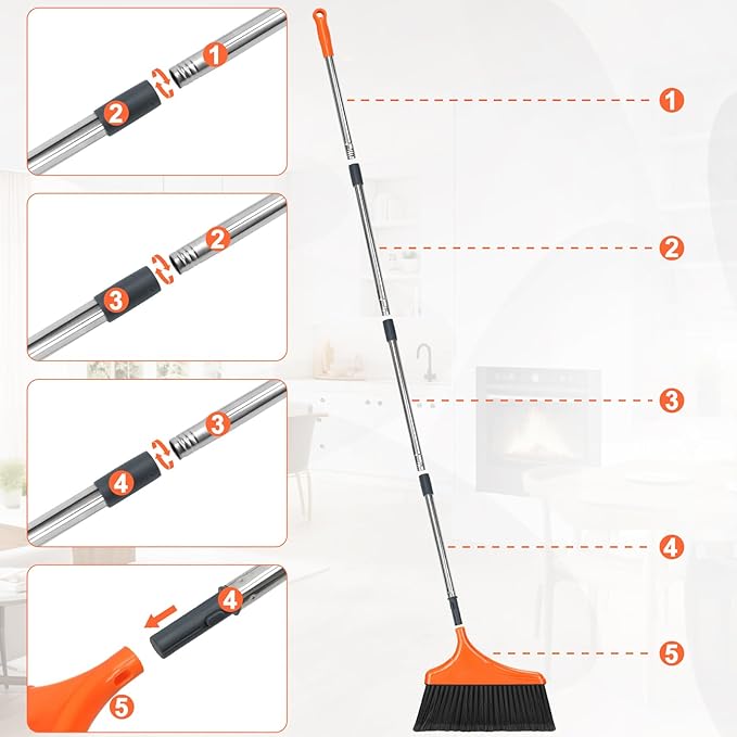 Heavy-Duty Angle Broom for Floor Cleaning with 52" Long Handle Stiff Bristle Angle Commercial and Industrial Broom, Indoor Outdoor Broom for Garage Kitchen Office Lobby Patio