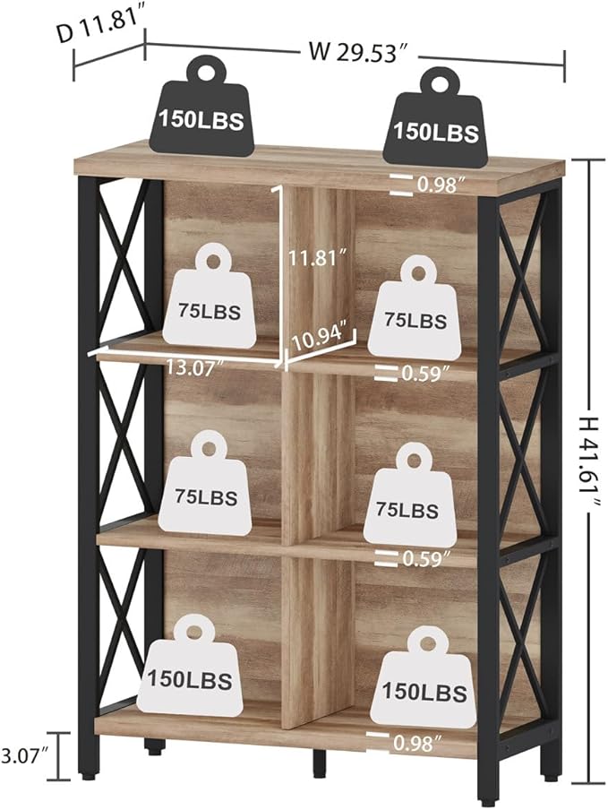 FATORRI 6 Cube Storage Organizer Shelf, Wood and Metal Cubby Bookcase, Industrial 4 Tier Cube Bookshelf (Rustic Oak)
