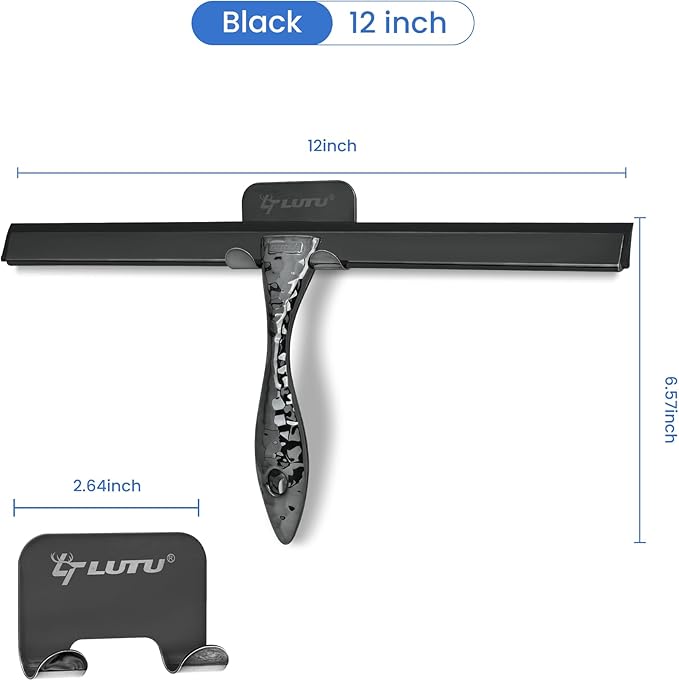 All-Purpose Silicone Shower Squeegee for Shower Glass Door,with 1 Hooks,for Bathroom Glass, Car, Tile Wall, Mirror Cleaning - Flower Shaped Handle for Easy-Grip 12 Inch Black