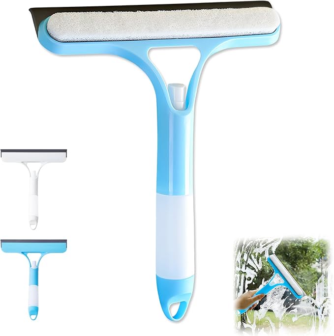 3 in 1 Window Cleaning Scraper,New 3 in 1 Window Cleaner,Squeegee and Scrubber with Spray, for Windows, Walls,Car Windshields, Bathrooms, Kitchens, All-Purpose Window Cleaner Tool (Blue)