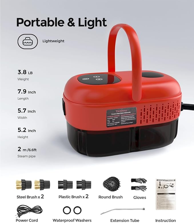 Steam Cleaner 2500W, Multipurpose Steamr for Cleaning, Handheld Steam Cleaner with Brushes, 15s Fast Heating Pressurized Steamer for Home Use, Portable Steamer for Car, Kitchen, Grout, Tile (Red)