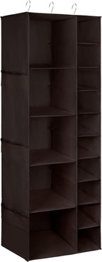 Libeder Shoe Organizer for Closet, 15 Shelf Hanging Closet Storage Shelves - 10 Shoe Rack Organizer and 5 Compartment for Clothes with 6 Side Mesh Pockets for Scarf, Socks,Gloves Coffee