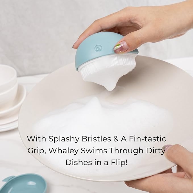 Whaley Whale Dish Brush – Cute Whale Scrub Brush for Dishes & Veggies, Palm Cleaning Brush, Funny Kitchen Gadget, Sink Accessories, Unique Gifts for Women, Housewarming or White Elephant Gifts