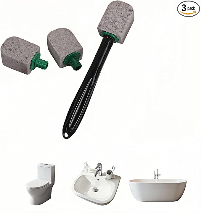 Pumice Toilet Bowl Cleaning Stone with Handle, Replaceable Heads, Natural Pumice Scrubber for Hard Water Stains, Multi-Surface Safe, 9.5 Inch, 3 Refills Included