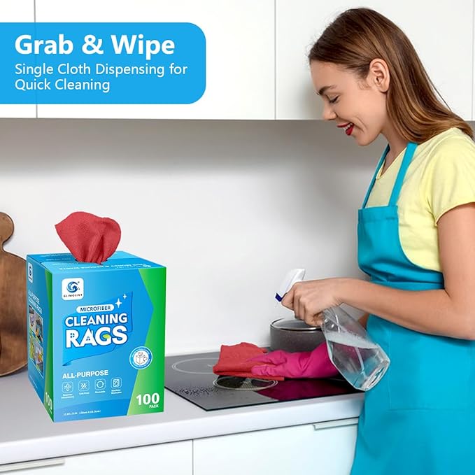 GLIMGLINT Microfiber Cleaning Cloth, 100 Pack Shop Towels, Lint-Free, Ultra Absorbent Reusable or Disposable Microfiber Cloths for Kitchen, Car, Cleaning Rags, 11" x 9", Red