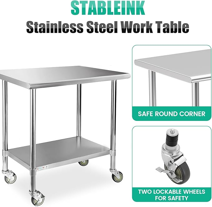 STABLEINK NSF Stainless Steel Table with Caster Wheels, 30 x 18 Inches Metal Prep & Work Table with Adjustable Undershelf, for Commercial Kitchen, Restaurant, Hotel and Garage