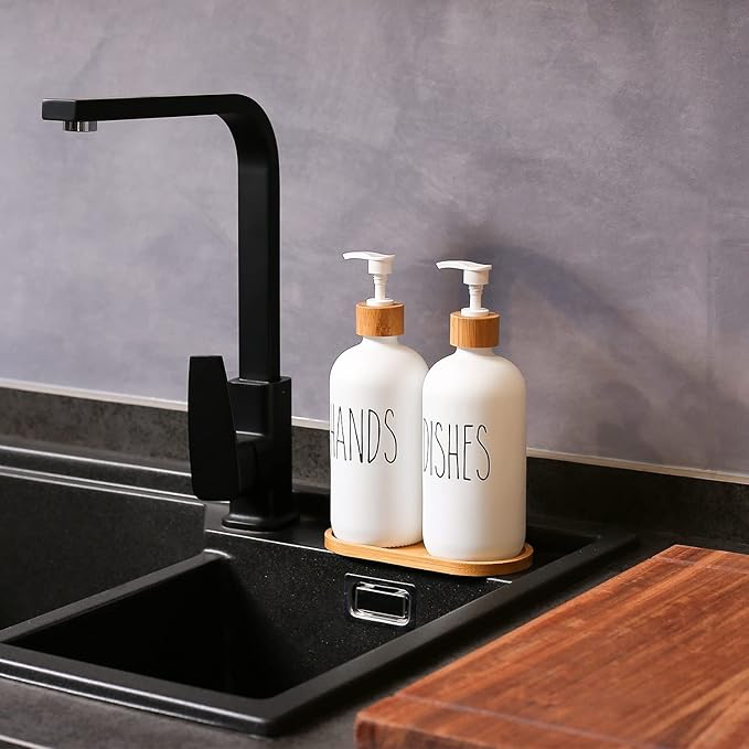 MOMEEMO White Soap Dispenser Set, Contains Hand and Dish Soap Dispenser, Suitable for Kitchen Decor. (White)