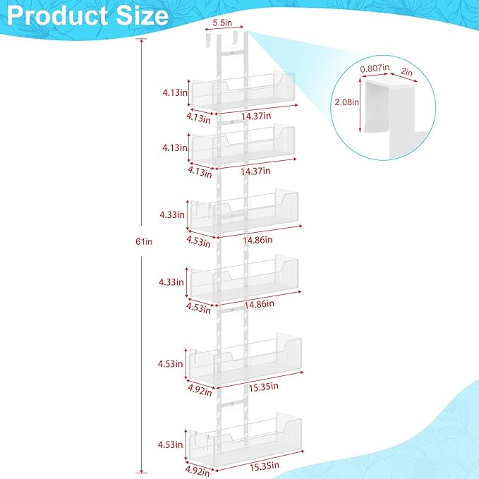 Over The Door Organizer, Metal Hanging Door Organizer with 6 Adjustable Baskets and 5 Hooks, Behind The Door Storage for Closet Pantry Cabinet Kitchen Bathroom Bedroom, White