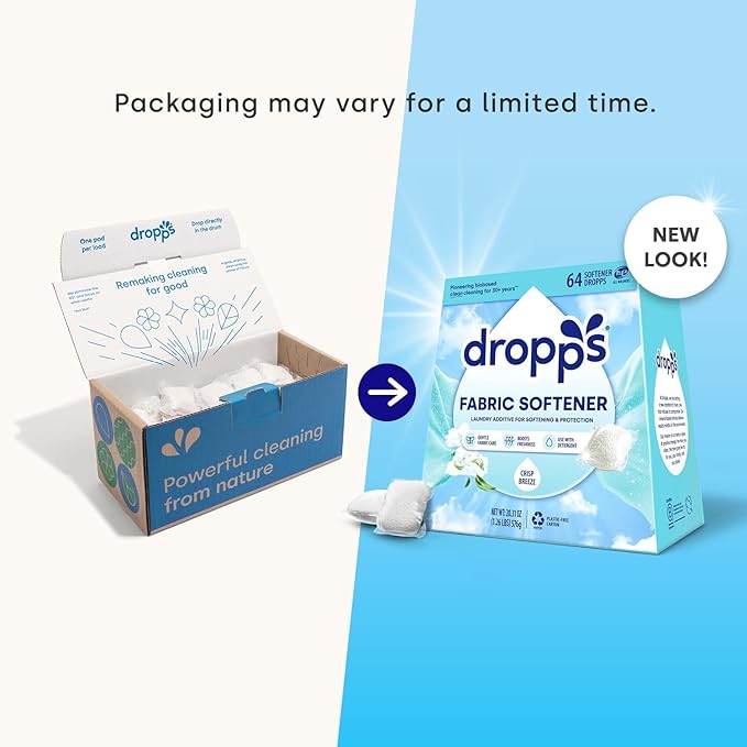 Dropps Laundry Fabric Softener Pods, Crisp Breeze (64 Pods) - Laundry Additive for Softening & Protection - HE Compatible Mineral Based Ingredients Laundry Supplies