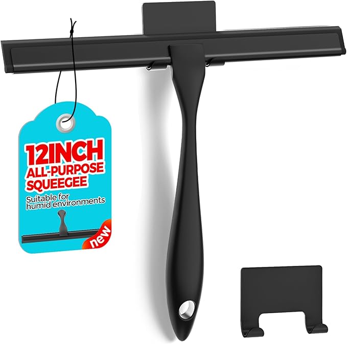 12-Inch All-Purpose Shower Squeegee for Shower Doors, Tile Shower Walls, Bathroom, Window, Glass and Car Windshield, Mirrors and Kitchen-Stainless Steel, Black