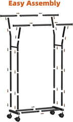 Luxspire Double Rods Clothes Rack for Hanging Clothes, Rolling Clothing Rack with Side Hooks, Bottom Shelves, 360° Wheels, Garment Racks for Bedroom, Laundry, Living Room, Black