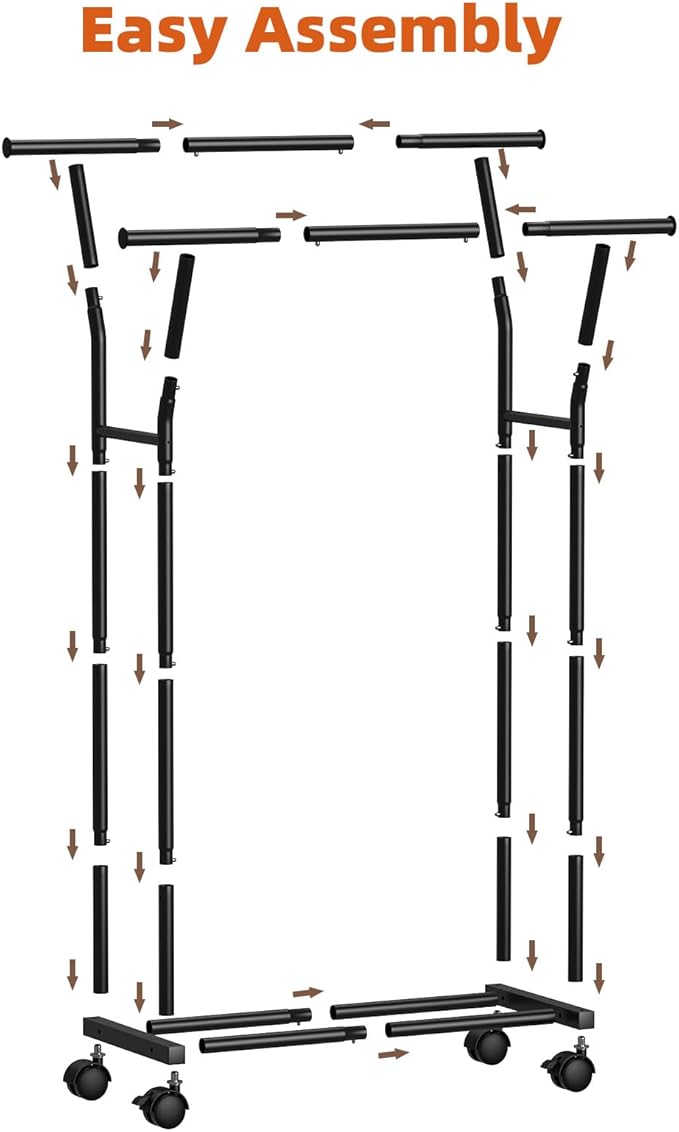 Luxspire Double Rods Clothes Rack for Hanging Clothes, Rolling Clothing Rack with Side Hooks, Bottom Shelves, 360° Wheels, Garment Racks for Bedroom, Laundry, Living Room, Black