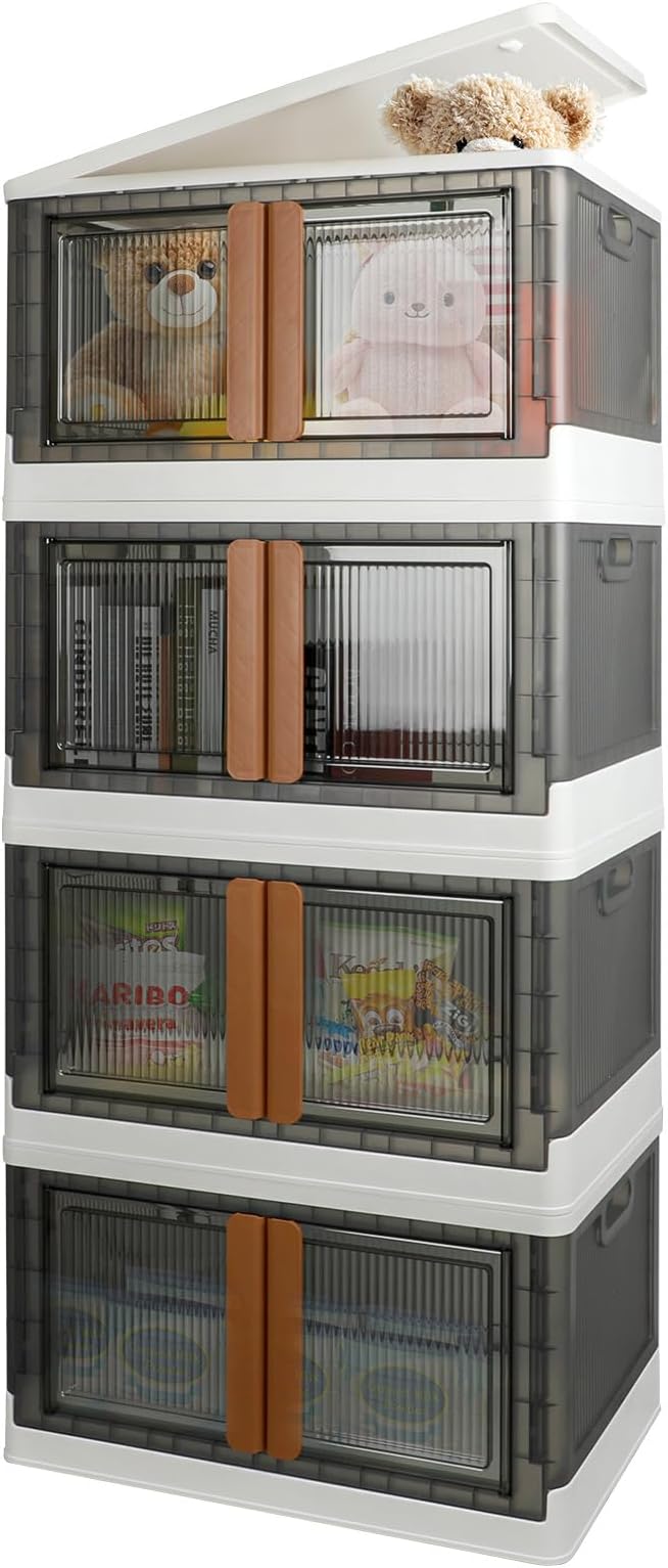 Storage Bins, Extra Large Cabinet with Lids, 19 Gallon(72L) Capacity (Per One), 4 Packs, Useful Box with Door and Buckles, Foldable, Transparent, Excellent Home Organizers