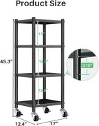 PXRACK Storage Shelves with Rolling Wheels, Adjustable 4 Tier Metal Shelving Unit for Storage Heavy Duty, Small Storage Rack Shelf for Corner of The Kitchen Bathroom Living Room Garage Office, Black