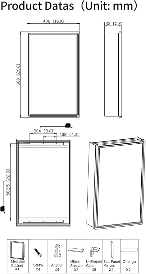 Aluminum Bathroom Medicine Cabinet with Farmhouse Black Framed 16x26 Inches Recess or Surface Mount Mirror Cabinet for Bathroom Toilet Kitchen