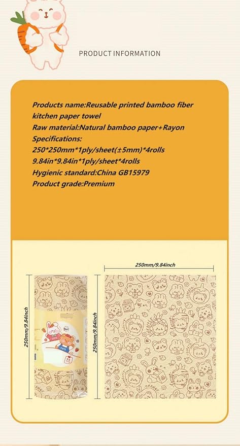Durable Bamboo Kitchen Paper Towels,Unbleached Bamboo Fiber with Rayon,Dry and wet use, Thickened 4 paper Towel Rolls each carton,Hand washable only,Not machine washable