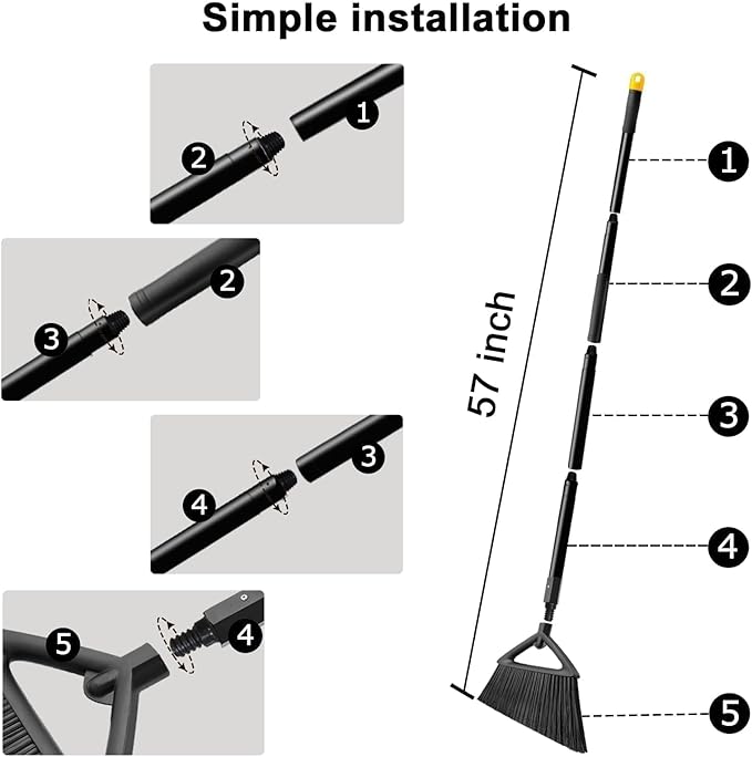 3PCS Heavy Duty Angle Broom, Long Pole Brooms for Indoor, Outdoor Sweeping, Kitchen to Courtyard, Black